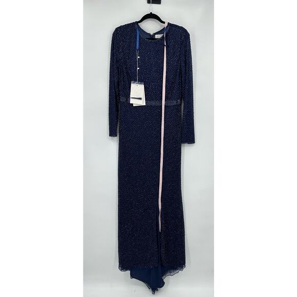 Mac Duggal 5056 Navy Blue Long Sleeve Beaded Maxi Dress w/ Train Size 12 NWT - Picture 11 of 12